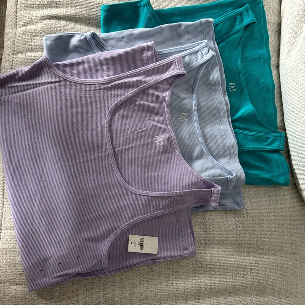 3-GAP Tank Tops, Size L. Teal, Light Blue and Lavender
